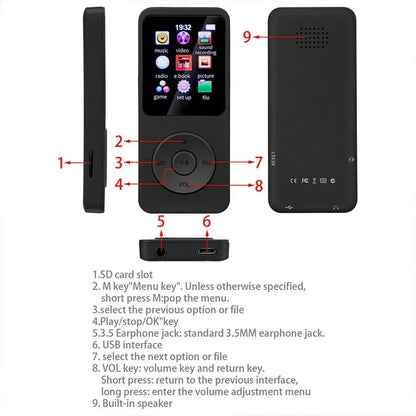 Black rectangular bluetooth mp4 mp3 lossless music player with touchscreen tft display showing music video and radio icons