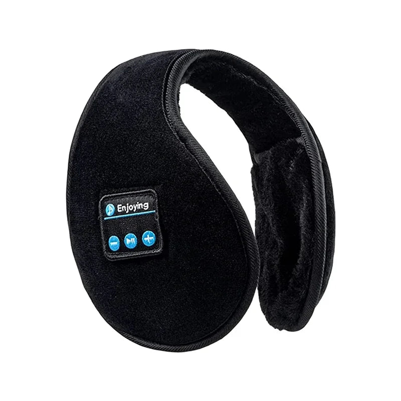 Black plush warm earmuffs velvet with built-in bluetooth music controls and enjoying logo for sports winter use