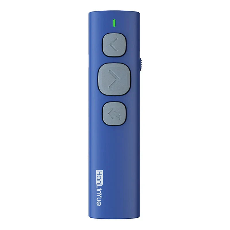 Blue hanlinyue wireless bluetooth page turner with three gray buttons and green power indicator for music control pen and video remote control
