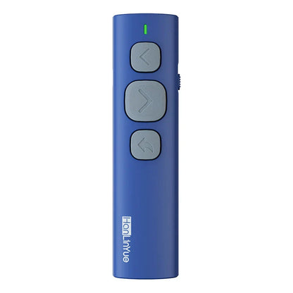 Blue hanlinyue wireless bluetooth page turner with three gray buttons and green power indicator for music control pen and video remote control