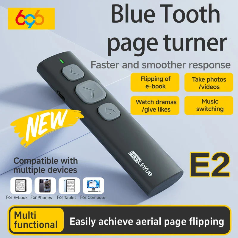 Black plastic bluetooth page turner with gray buttons and green led indicator for music control pen and video remote control