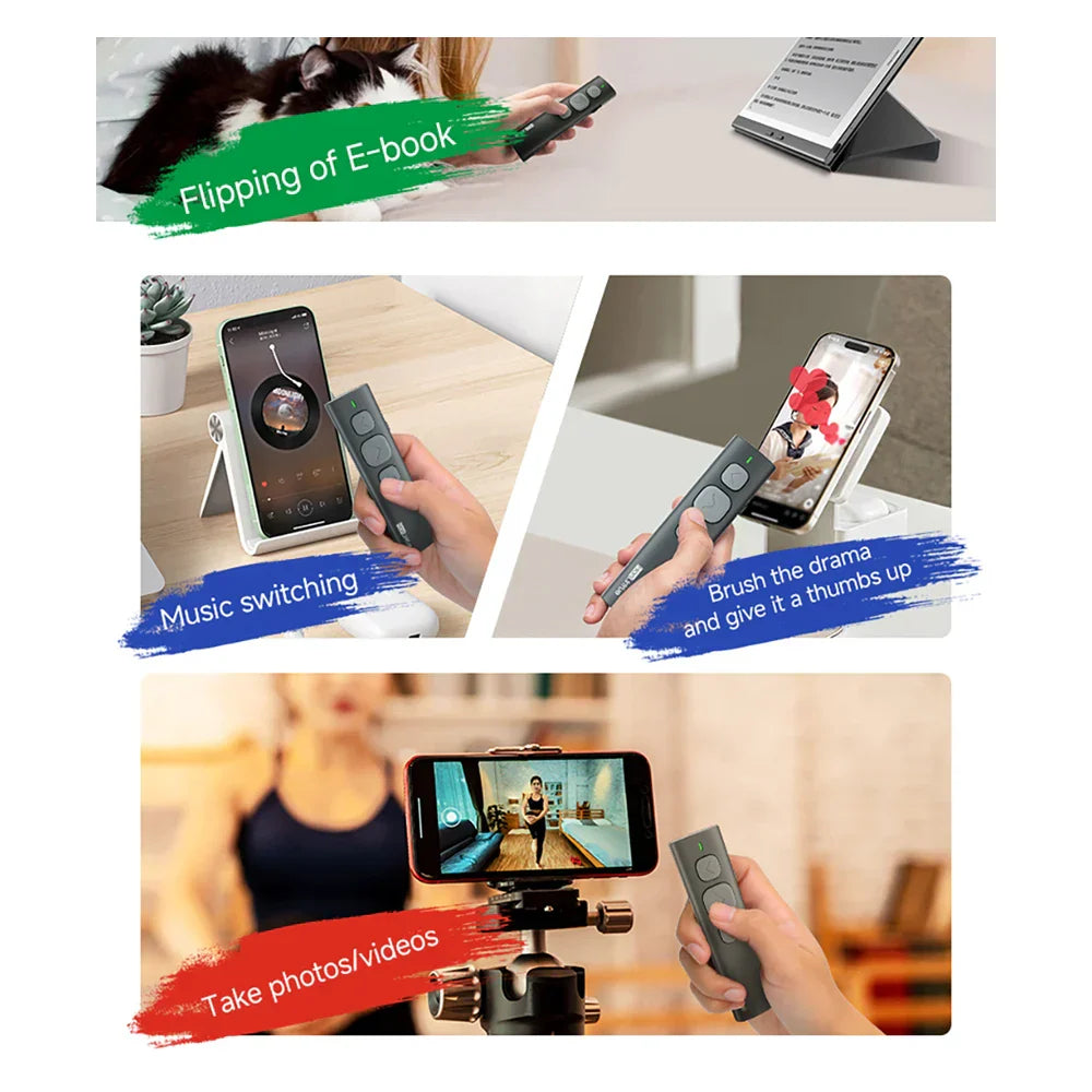 Black bluetooth page turner remote control with three circular buttons and small side logo for ios android use
