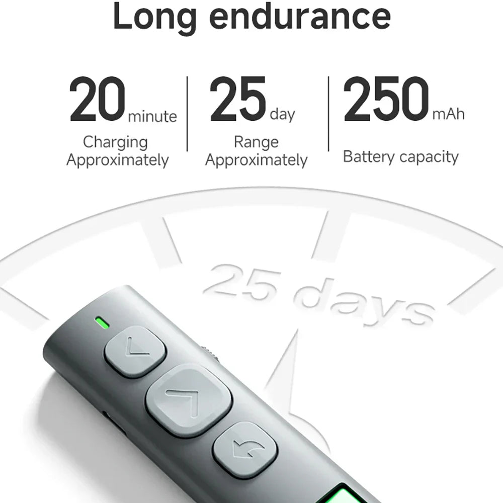 Gray bluetooth page turner with three directional buttons and green power light for music control pen and video remote control