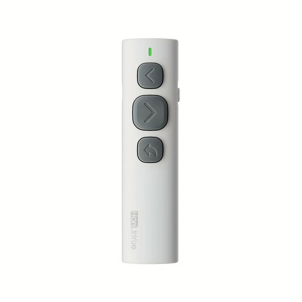 White rectangular bluetooth page turner with three gray buttons and green power light for music control pen and video remote control