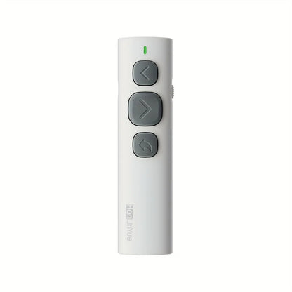 White rectangular bluetooth page turner with three gray buttons and green power light for music control pen and video remote control