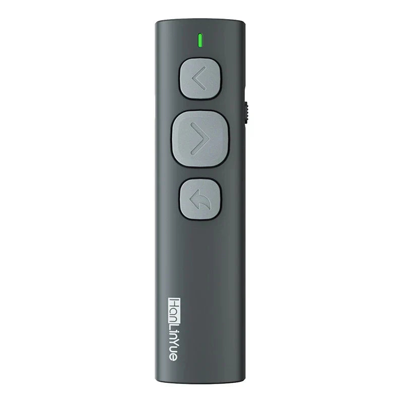 Dark gray sleek bluetooth page turner with three directional buttons and green power indicator light for ios and android devices