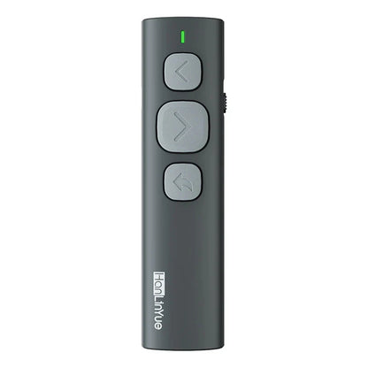 Dark gray sleek bluetooth page turner with three directional buttons and green power indicator light for ios and android devices