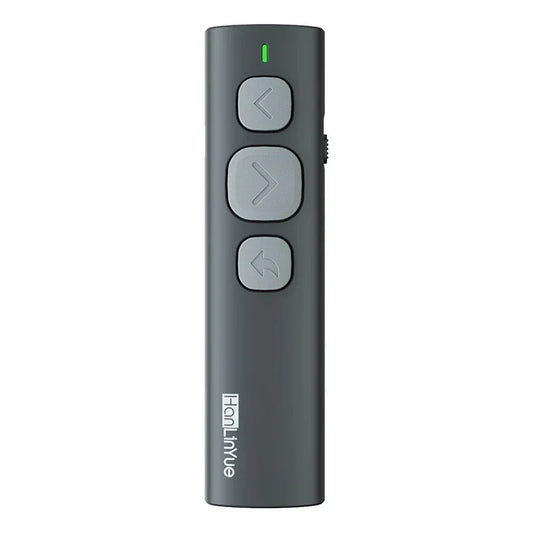 Dark gray sleek bluetooth page turner with three directional buttons and green power indicator light for ios and android devices