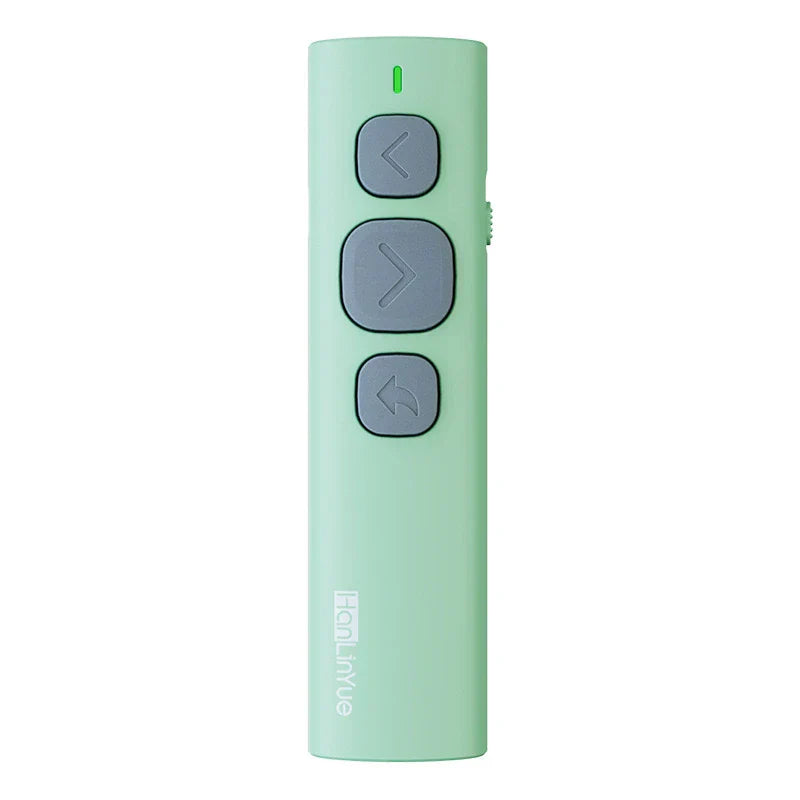 Mint green cylindrical bluetooth page turner with three gray buttons and green power indicator for ios android control