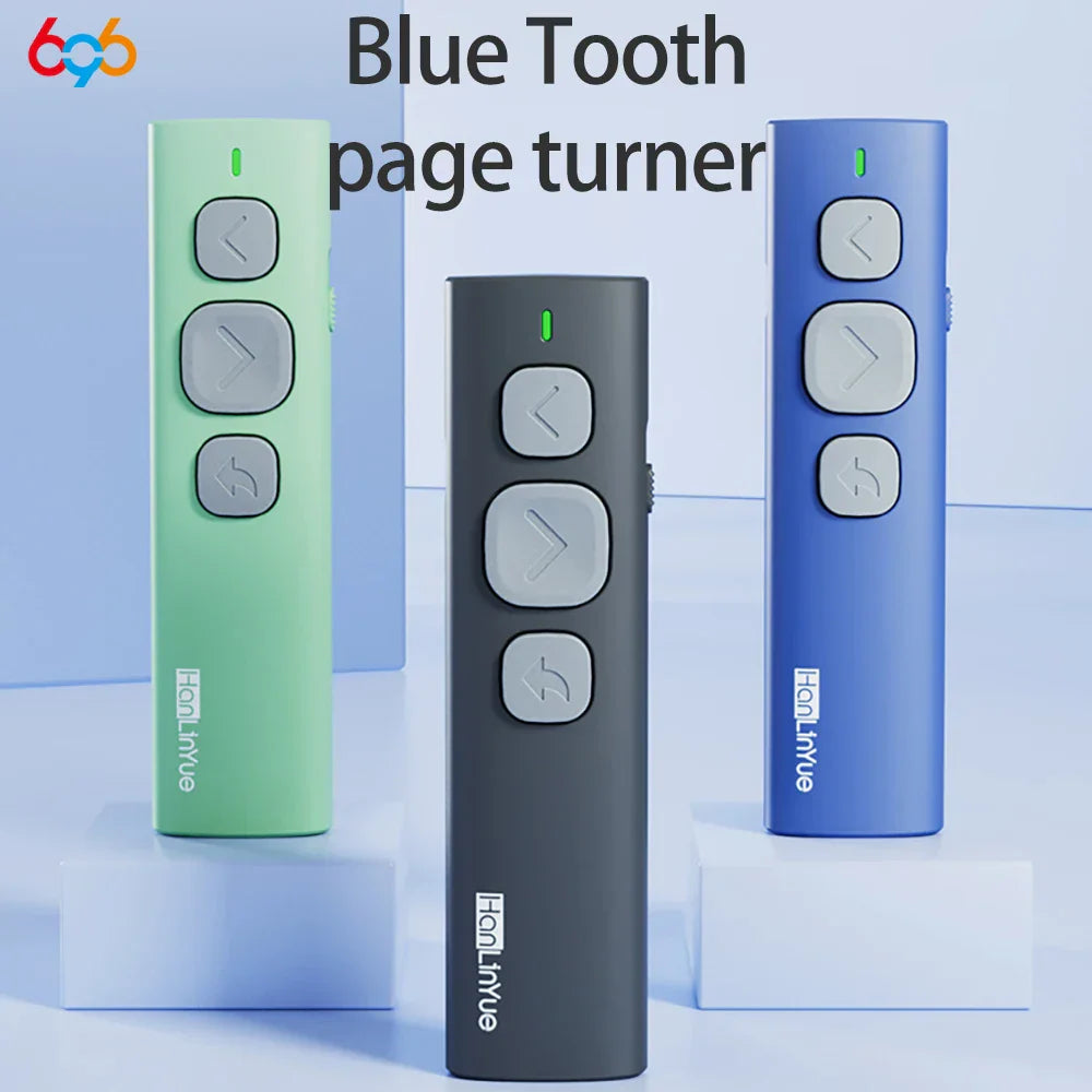 Three slim rectangular bluetooth page turners in mint green charcoal gray and royal blue with silver buttons for music control