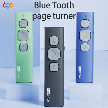 Three slim rectangular bluetooth page turners in mint green charcoal gray and royal blue with silver buttons for music control