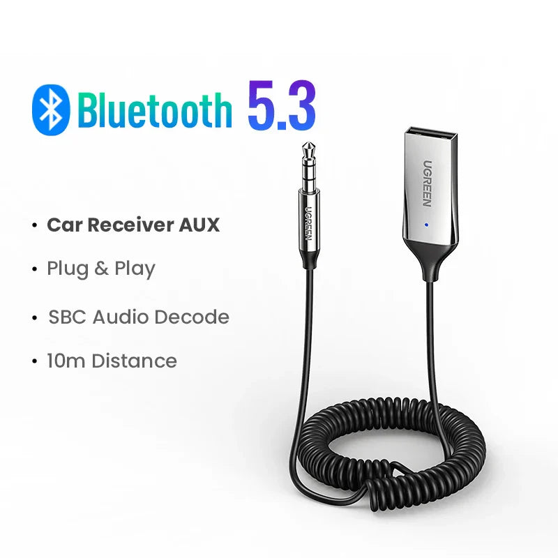 Silver Ugreen bluetooth 5.3 car bt transmitter adapter with coiled black cable and metallic 3.5mm jack music wireless kit aux audio