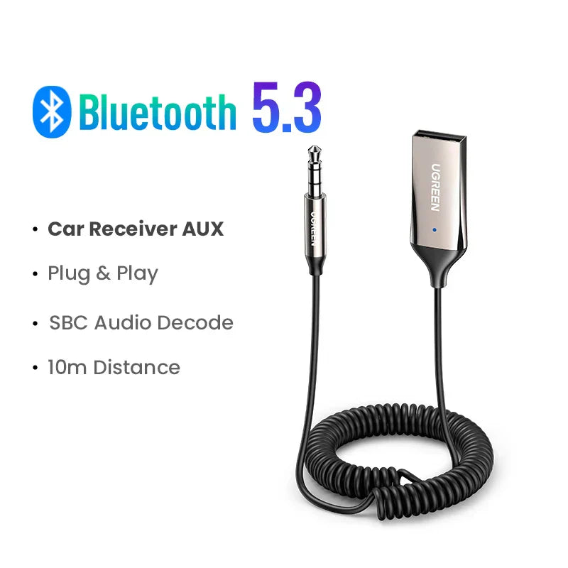 Silver ugreen bluetooth 5.3 car bt transmitter adapter with coiled black cable and 3.5mm jack music wireless connector kits aux audio
