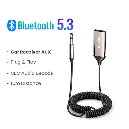 Silver ugreen bluetooth 5.3 car bt transmitter adapter with coiled black cable and 3.5mm jack music wireless connector kits aux audio