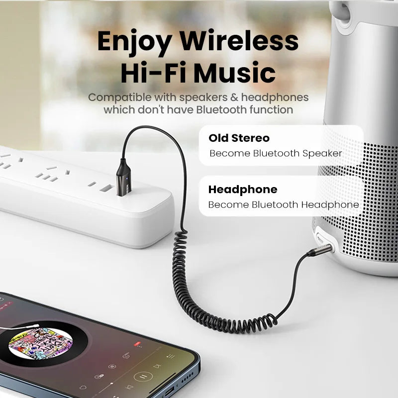 Black coiled Bluetooth receiver 5.3 adapter with usb-c and 3.5mm jack for kits aux audio and car bt transmitter use