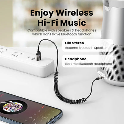 Black coiled Bluetooth receiver 5.3 adapter with usb-c and 3.5mm jack for kits aux audio and car bt transmitter use