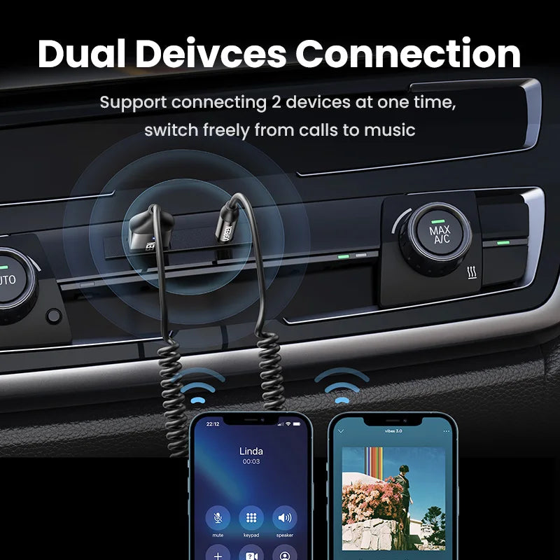 Black in-ear wireless earbuds with coiled cables designed for dual-device connection in kits aux audio car bt transmitter