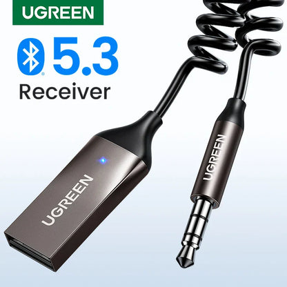 Black ugreen bluetooth 5.3 receiver with coiled cable and metallic jack music wireless adapter for car bt transmitter kits aux audio