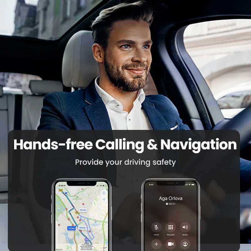 A sleek black smartphone showing hands-free navigation and call interface for car bt transmitter kits aux audio use
