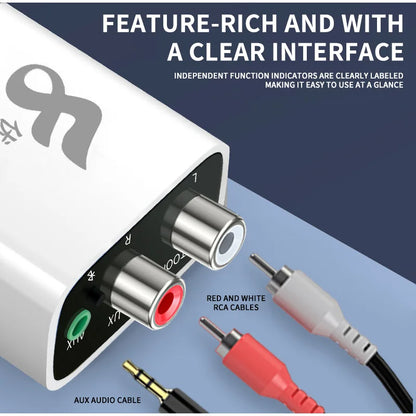 White rectangular bluetooth receiver wireless audio adapter with silver rca jacks and labeled ports for stereo speaker wired connections