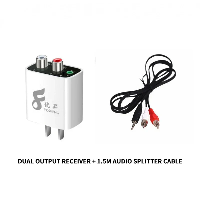 White rectangular bluetooth receiver wireless with silver rca jacks and black audio splitter cable for music streaming stereo