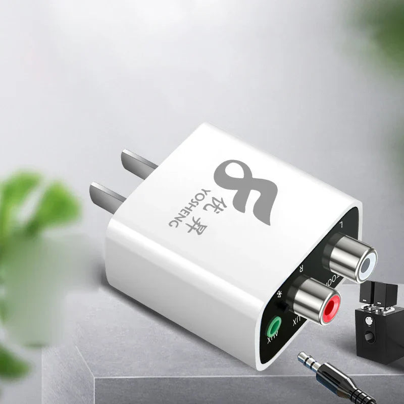 White yoshenc bluetooth receiver wireless audio adapter with silver rca jacks and black 3.5mm jack for stereo speaker wired use