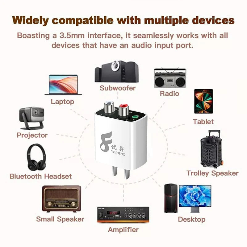 White yosheng bluetooth receiver wireless audio adapter with 3.5mm interface and silver input jacks for stereo speaker wired use