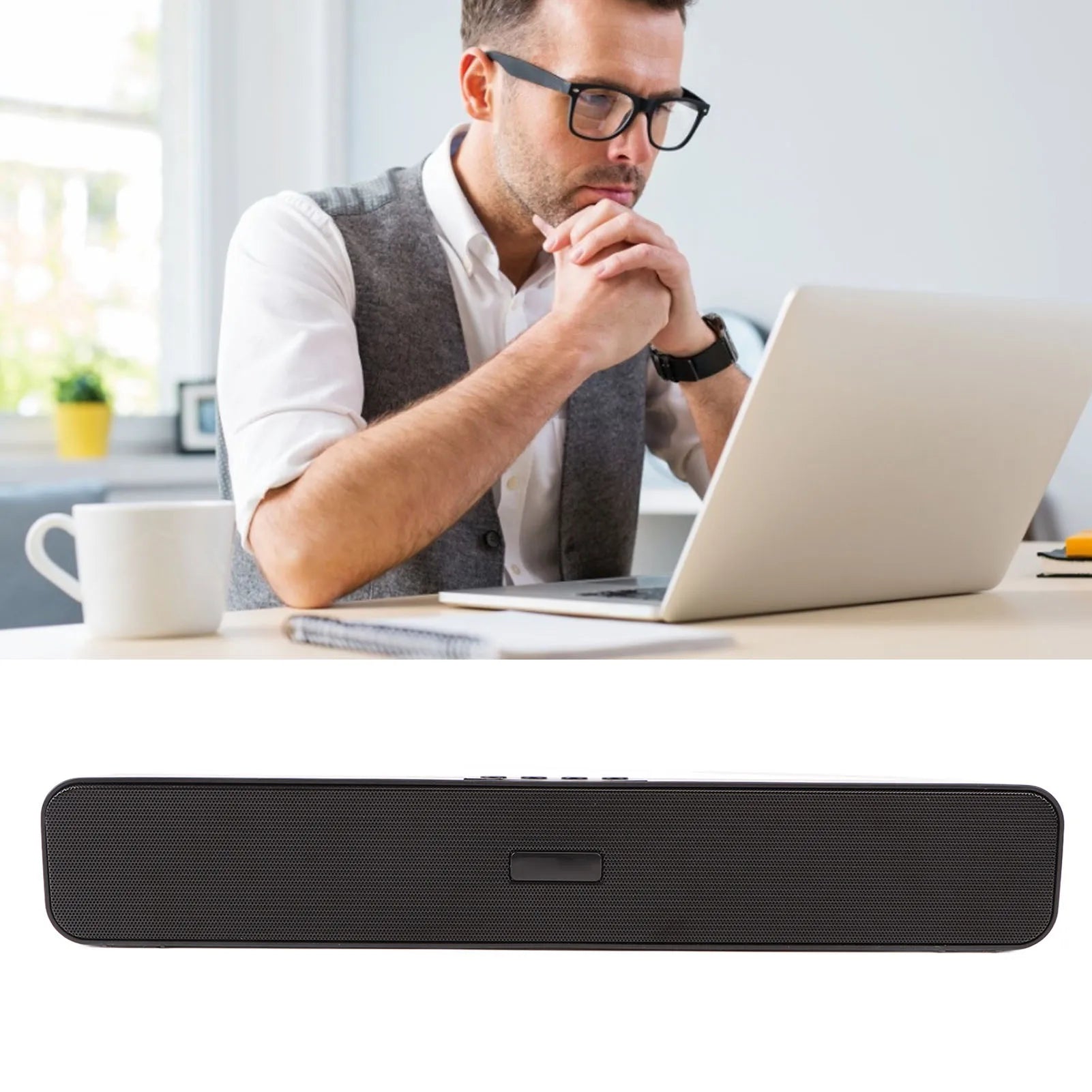Black fabric-covered wireless bluetooth soundbar with central control button featuring noise reduction surround sound 1200mAh battery