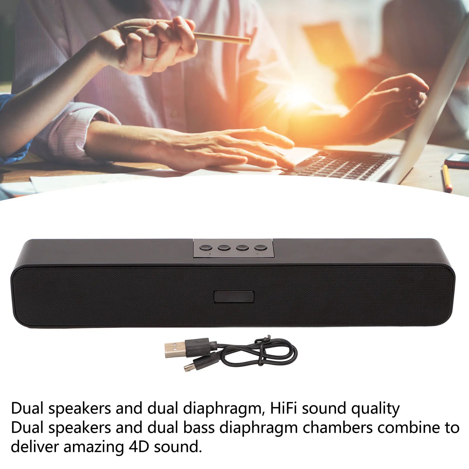 Black rectangular wireless bluetooth soundbar with matte finish and four control buttons features noise reduction surround sound 1200mah battery