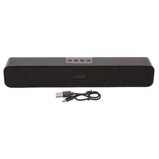 Black wireless bluetooth soundbar with textured grille control buttons and usb cable featuring noise reduction surround sound 1200mah