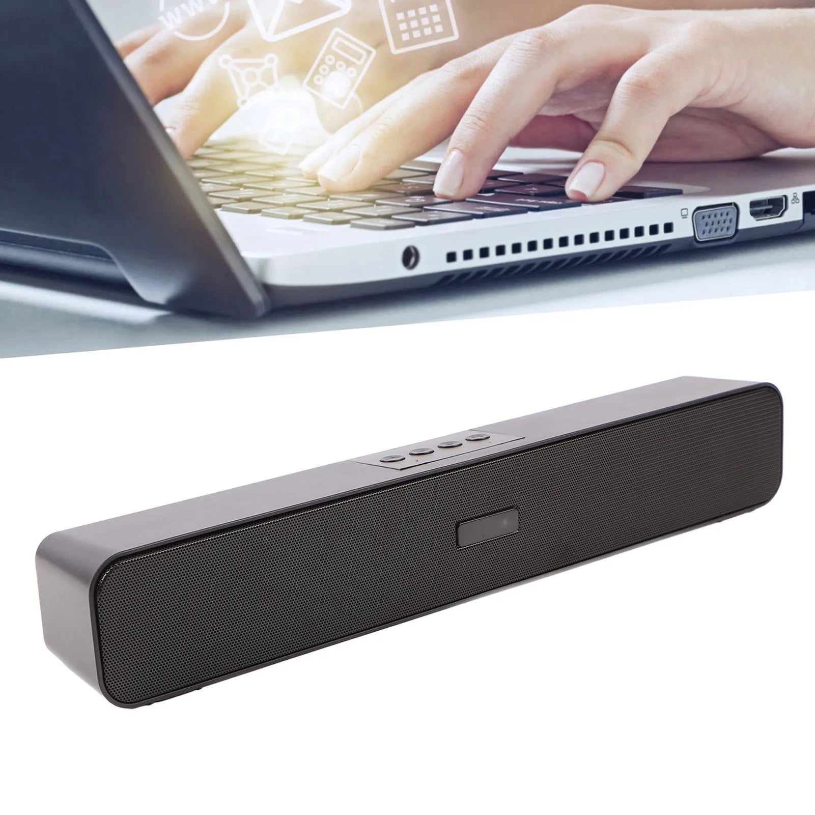 Black rectangular wireless bluetooth soundbar with textured grille and noise reduction surround sound 1200mah battery