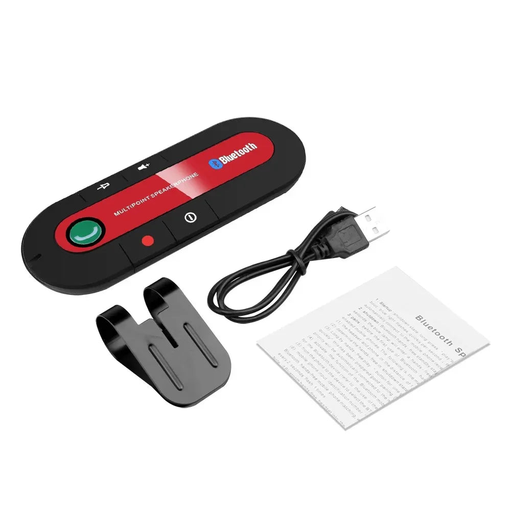 Black and red bluetooth speaker handsfree car kit with green call button and visor clip wireless audio receiver design