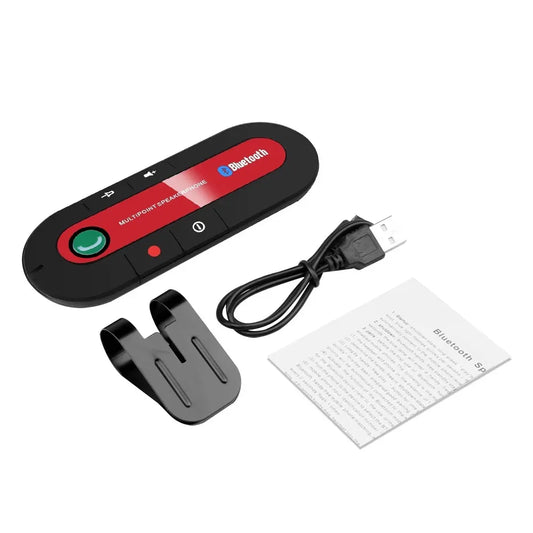 Black and red bluetooth speaker handsfree car kit with green call button and visor clip wireless audio receiver design