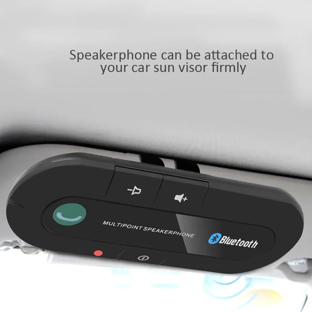 Black bluetooth speaker handsfree car kit with green call button and visor clip wireless audio receiver controls