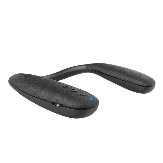 Black bluetooth speakers neckband with textured fabric finish and ergonomic design for true 3d stereo outdoor wireless use