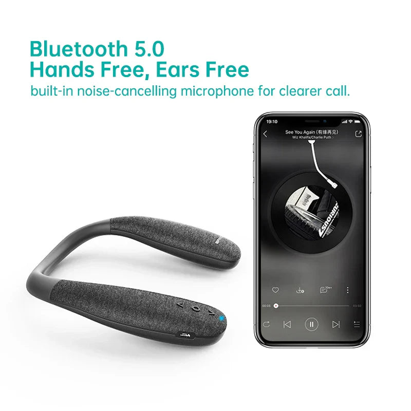 Black fabric-wrapped bluetooth speakers neckband with sleek curved design and blue accent lighting for outdoor use with true 3d stereo