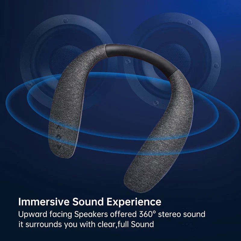 Gray fabric-wrapped bluetooth speakers neckband with black accents offering true 3d stereo sound for outdoor wireless use
