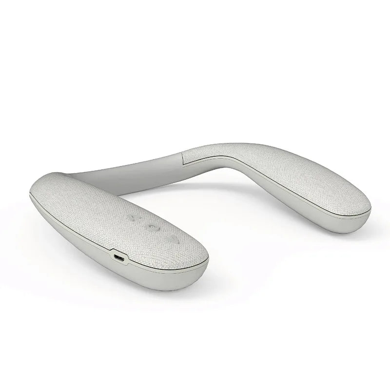 Silver textured fabric covered bluetooth speakers neckband with sleek curved design and true 3d stereo for outdoor use