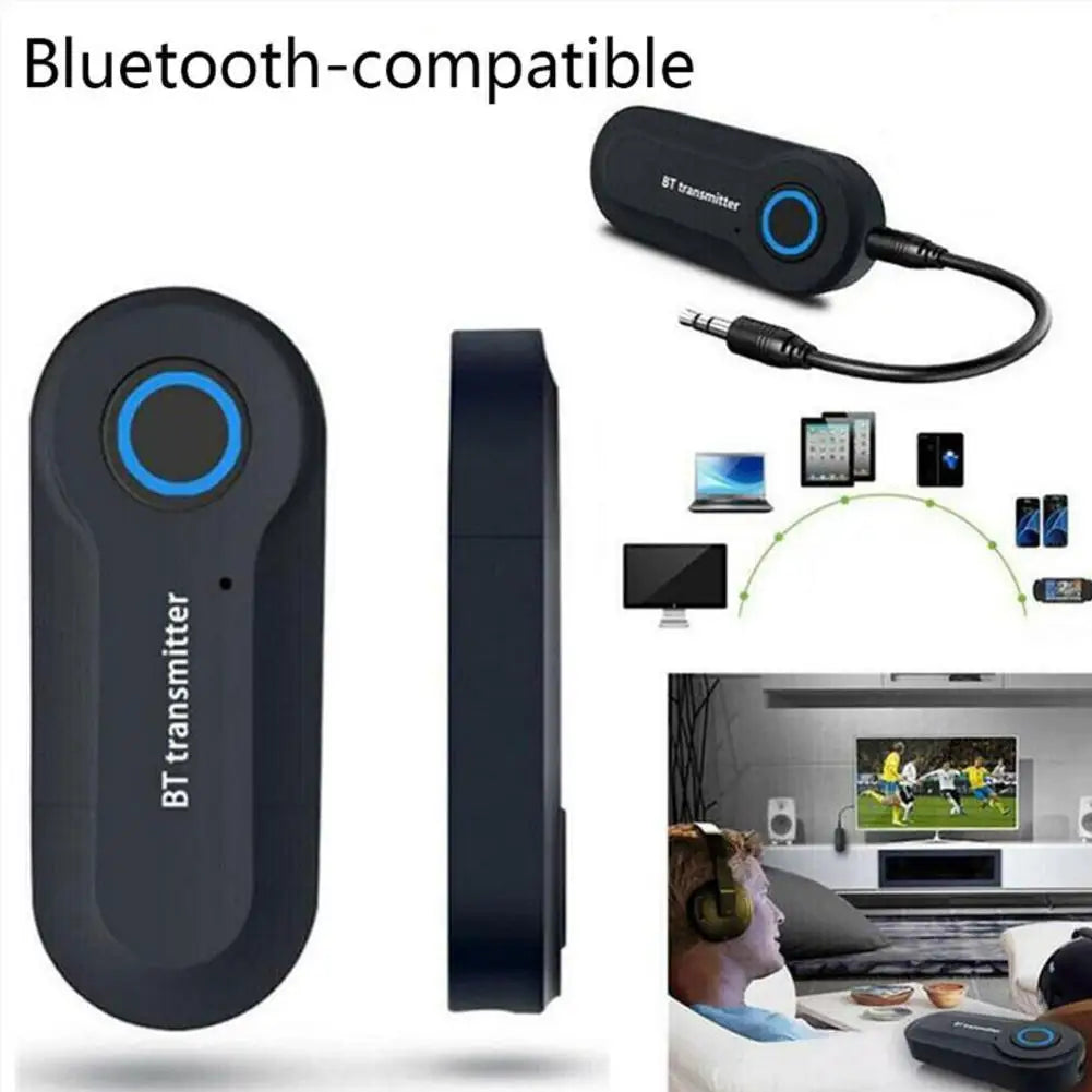 Black bluetooth transmitter with blue button and 3.5mm cable wireless bluetooth adapter stereo audio transmitter jack audio adapter
