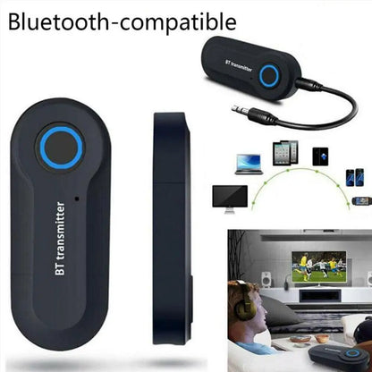 Black bluetooth transmitter with blue button and 3.5mm cable wireless bluetooth adapter stereo audio transmitter jack audio adapter
