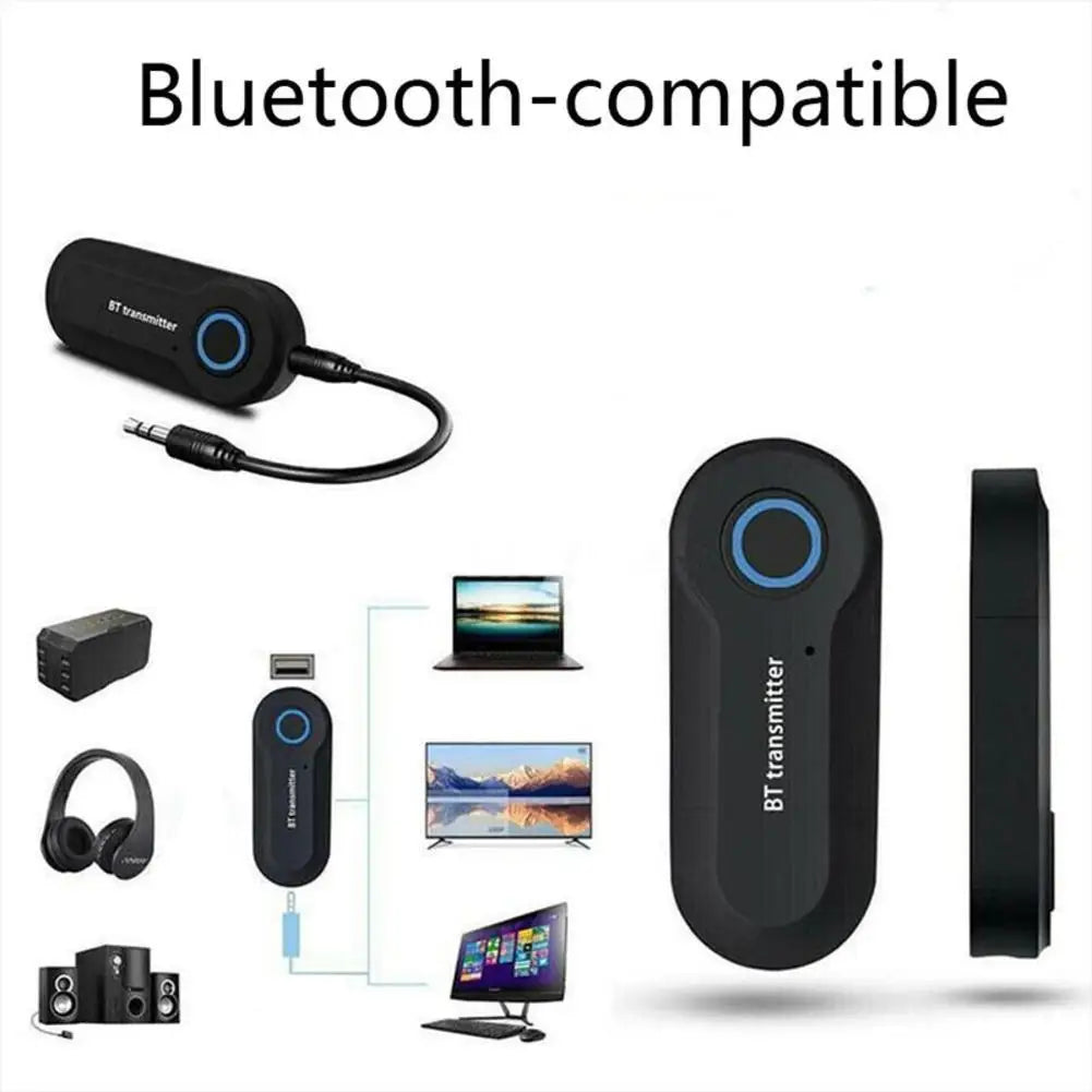 Black bluetooth transmitter adapter wireless bluetooth with blue circular button and sleek oval jack audio adapter design