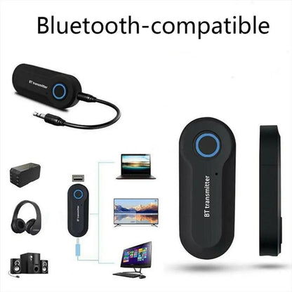 Black bluetooth transmitter adapter wireless bluetooth with blue circular button and sleek oval jack audio adapter design