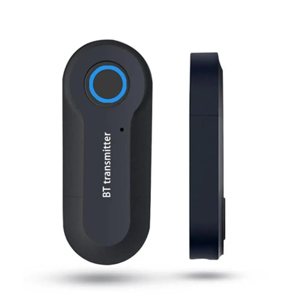 Black bluetooth transmitter adapter wireless bluetooth with blue circular button for stereo audio transmitter use