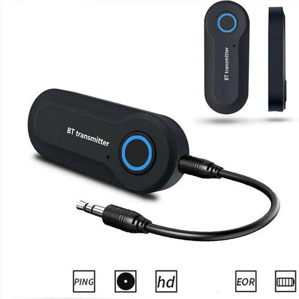 Black bluetooth transmitter with blue circular button and 3.5mm jack audio adapter wireless bluetooth stereo audio transmitter
