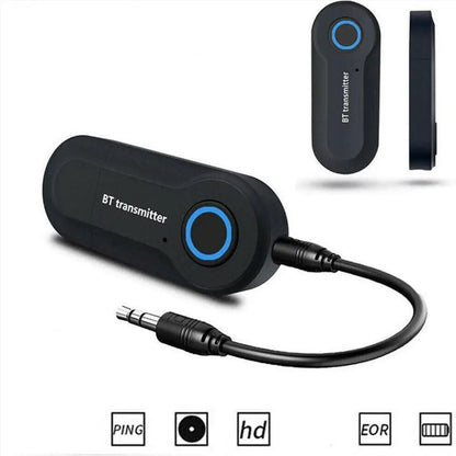 Black bluetooth transmitter with blue circular button and 3.5mm jack audio adapter wireless bluetooth stereo audio transmitter