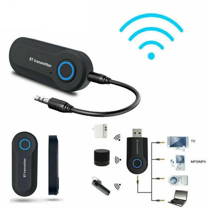 Black bluetooth transmitter with blue button and 3.5mm jack audio adapter wireless bluetooth stereo audio transmitter