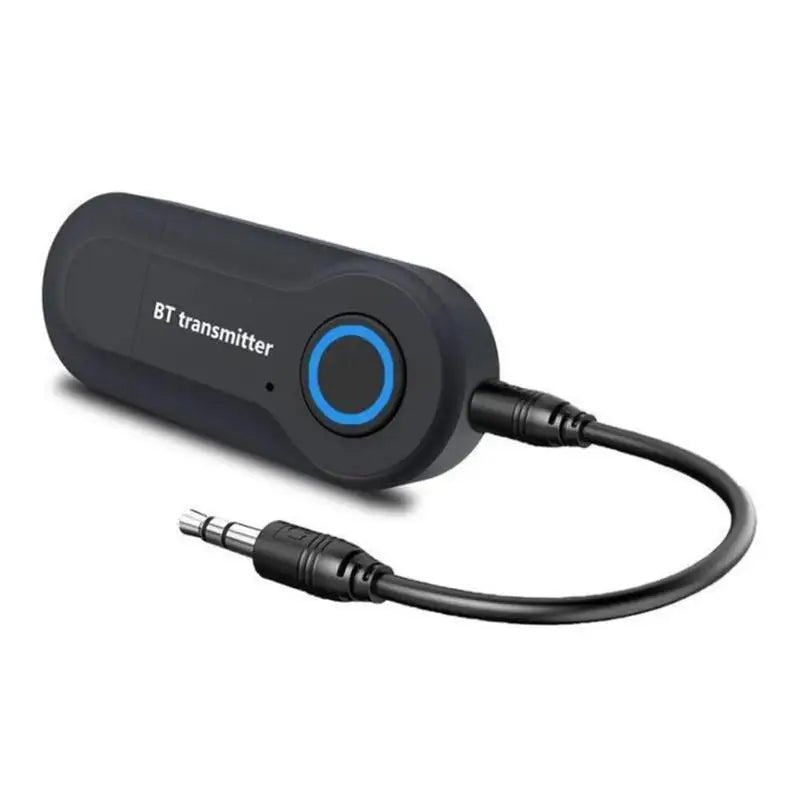 Black plastic adapter wireless bluetooth stereo audio transmitter with blue button and attached 3.5mm jack audio adapter cable