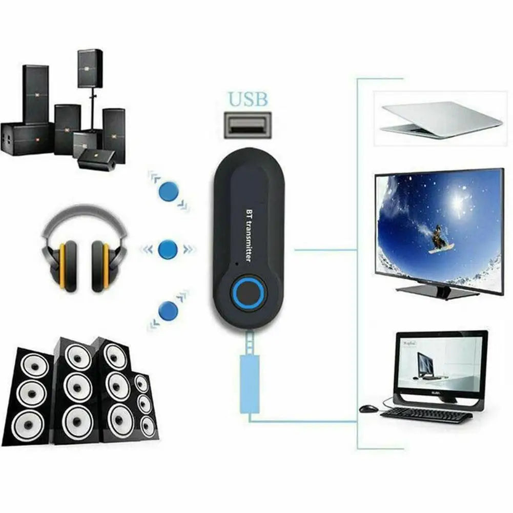Black usb adapter wireless bluetooth stereo audio transmitter with blue button for 3.5mm jack audio adapter use