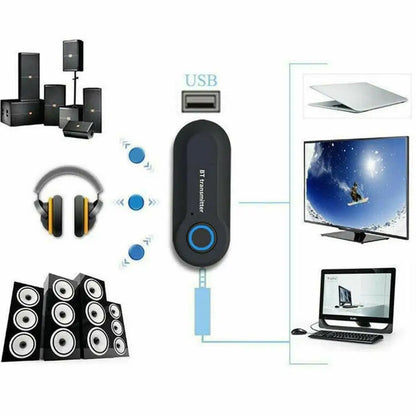 Black usb adapter wireless bluetooth stereo audio transmitter with blue button for 3.5mm jack audio adapter use