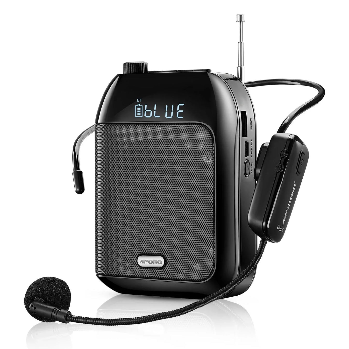 Black aporo bluetooth uhf wireless voice amplifier portable with compact speaker and headset for teaching lecture tour use